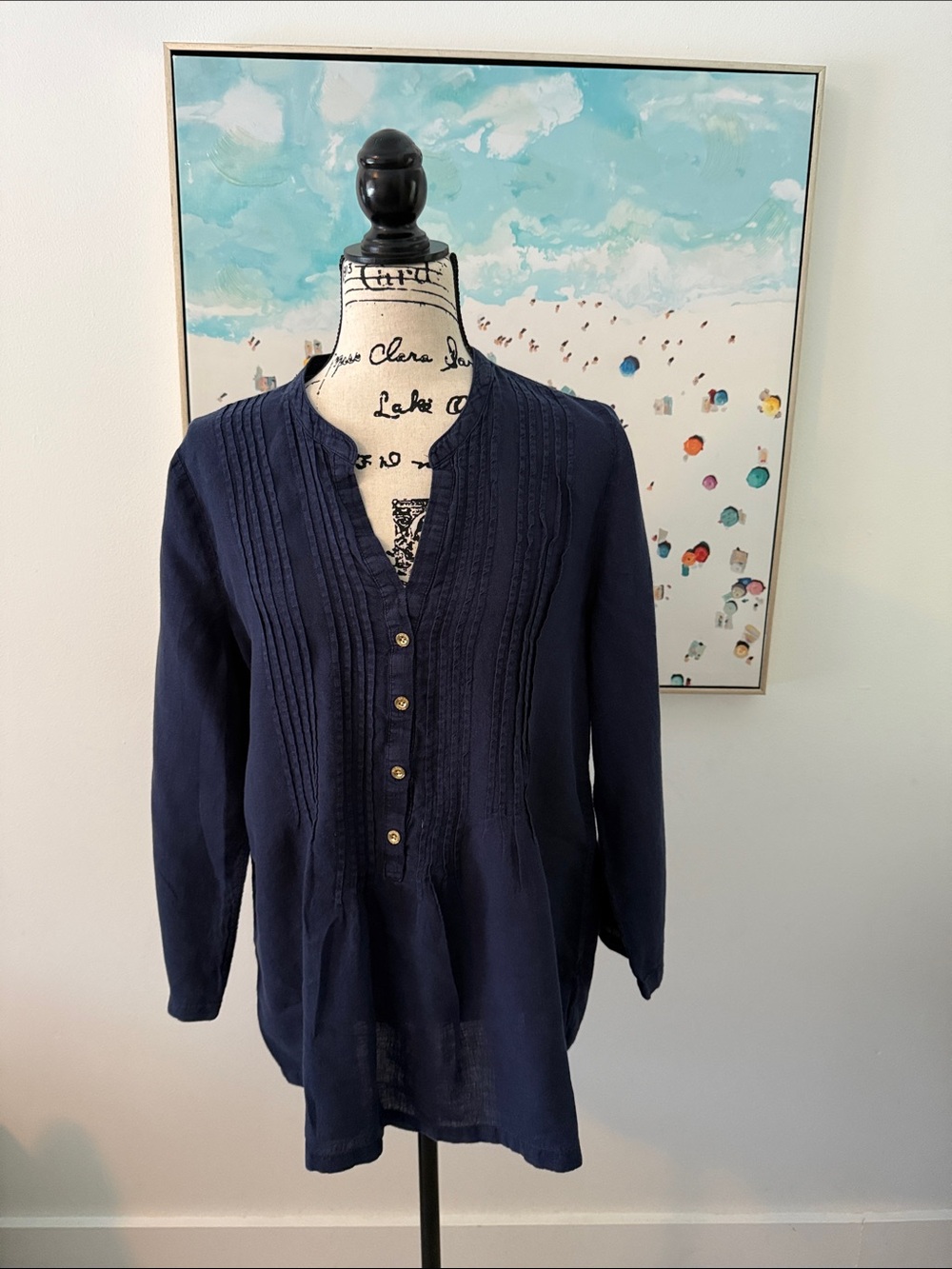 Woven Navy Pintuck Button-Front Tunic Top
